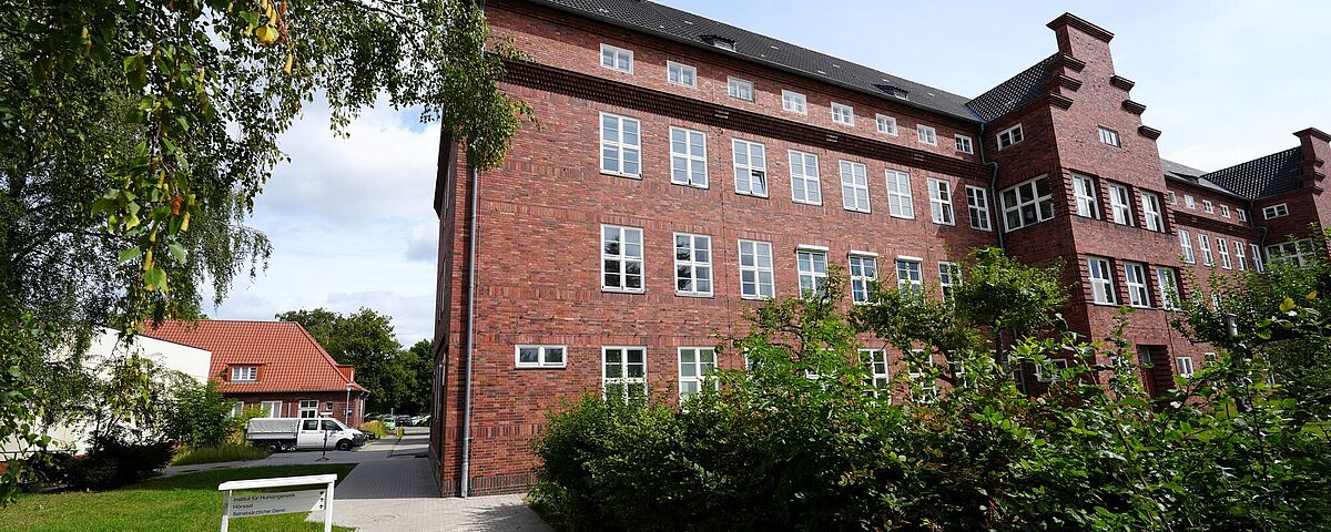 Ein dunkelrotes Backsteingebäude.