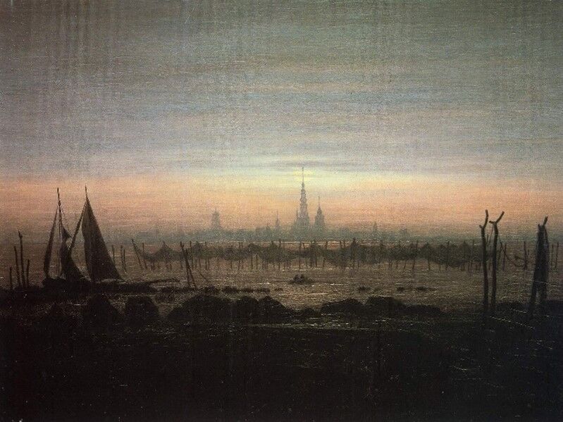 Greifswald im Mondschein, Gemälde von Caspar David Friederich mit einer Stadtansicht von Greifswald. Der Himmel über der Stadt erscheint rot.