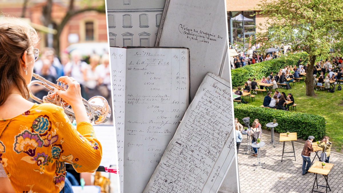 Eine Collage: Eine Frau die eine Trompete spielt, Papiere und ein Blick von oben auf den Campus.