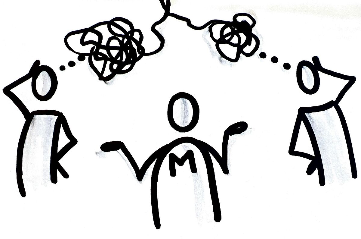 Ikon für das Team der Mediator*innen. Eine Person in der Mitte hilft zwei weiteren, ihre Kommunikation zu entwirren.